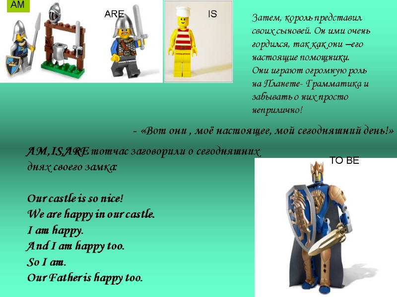 TO BE IS ARE Затем, король представил своих сыновей. Он ими очень гордился, так